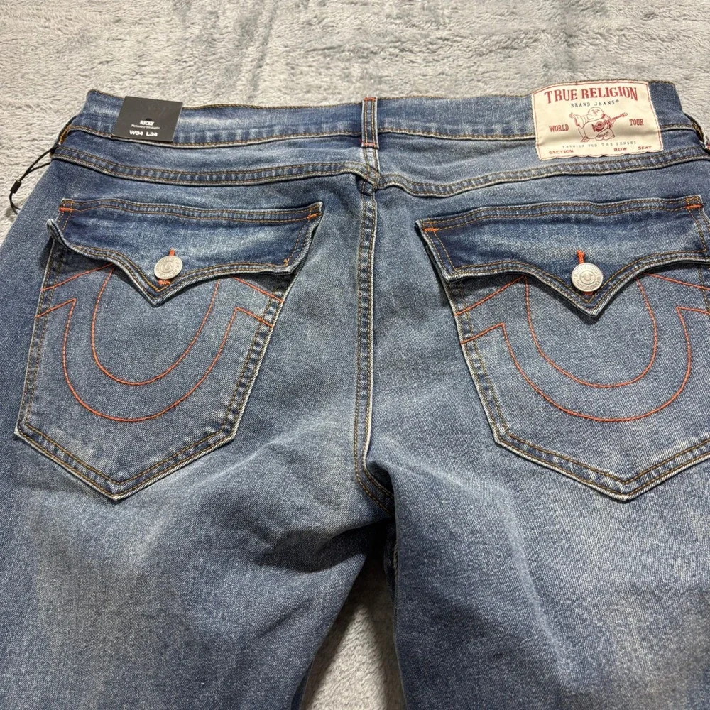 True Religion Ricky Mens 34x34 Blue Relaxed Straight Jeans Flap Pocket Denim Y2K